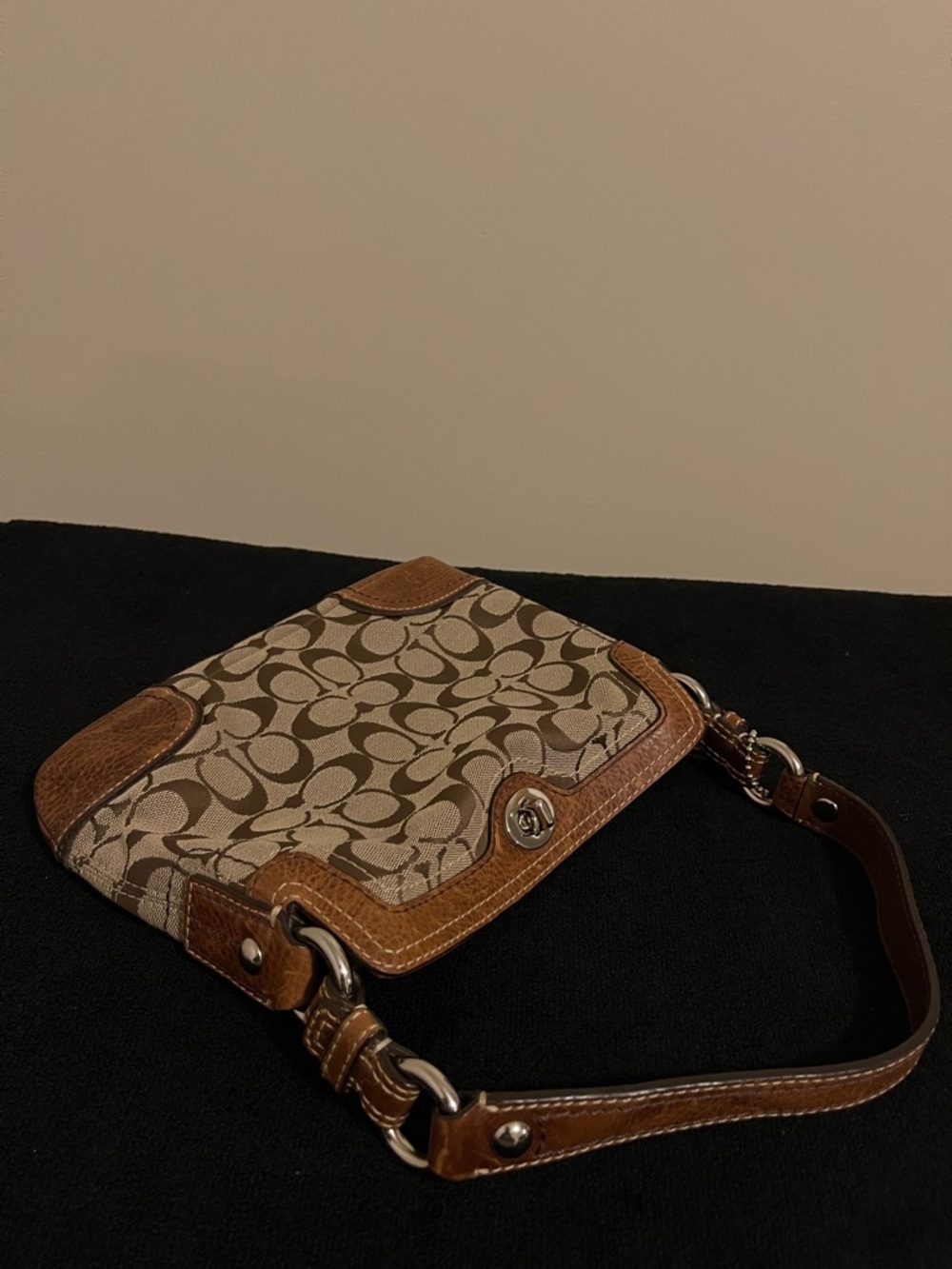 Coach Tan Signature Canvas Shoulder Bag with Brown Leather Trim